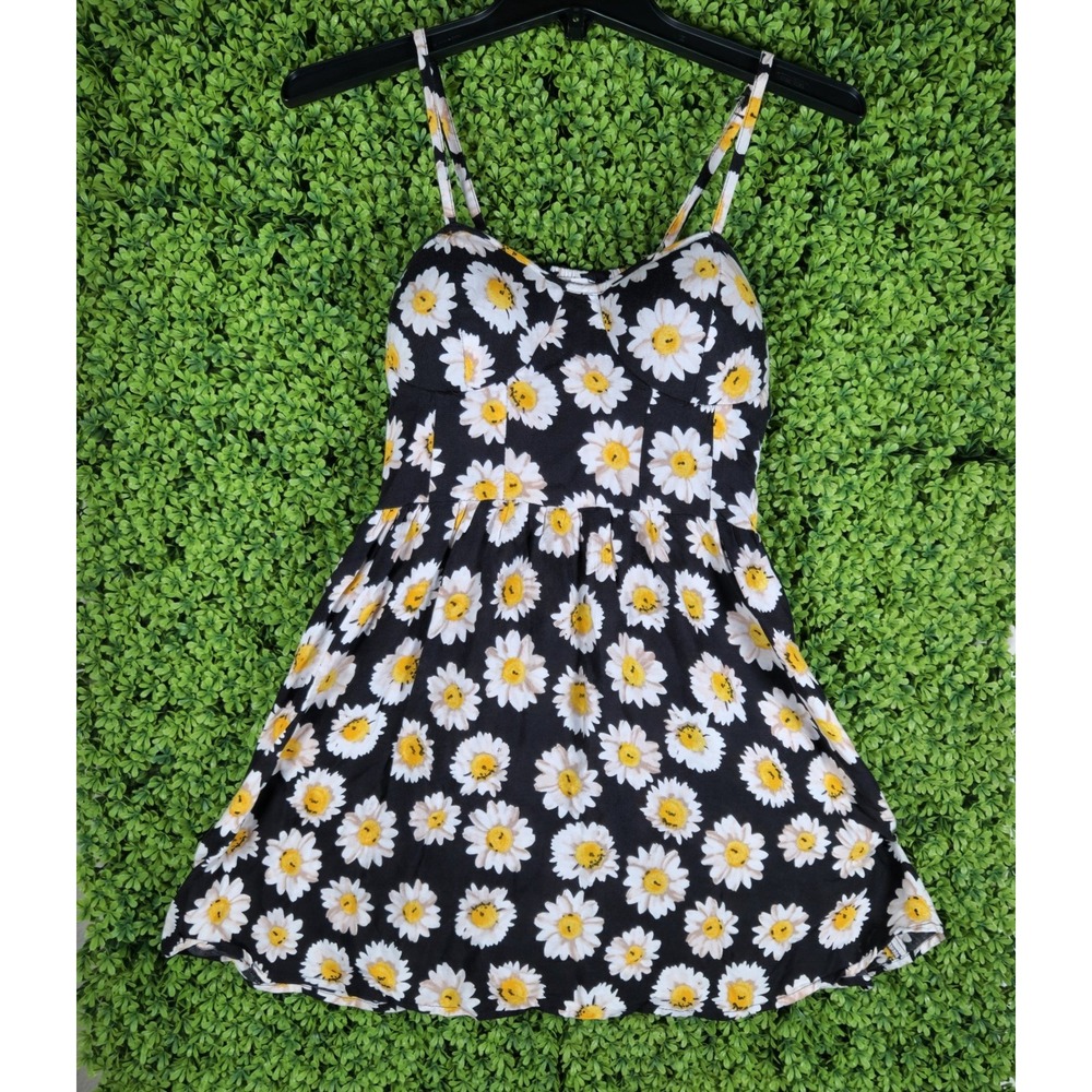 Jolie & Joy Black Daisy Floral Print Sun Dress Juniors Large Sweetheart Neckline